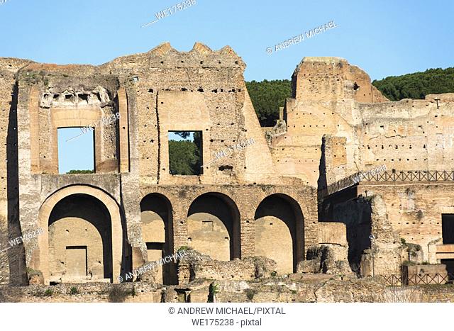 Ruins of Domus Augustana on Palatine Hill seen from Circus Maximus, Rome, Lazio, Italy