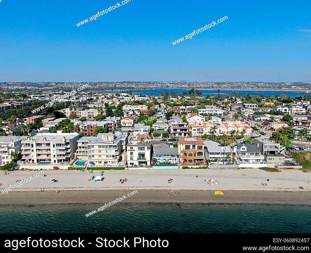 Aerial view of Mission Bay and beaches in San Diego, California. USA. Community built on a sandbar with villas and recreational Mission Bay Park