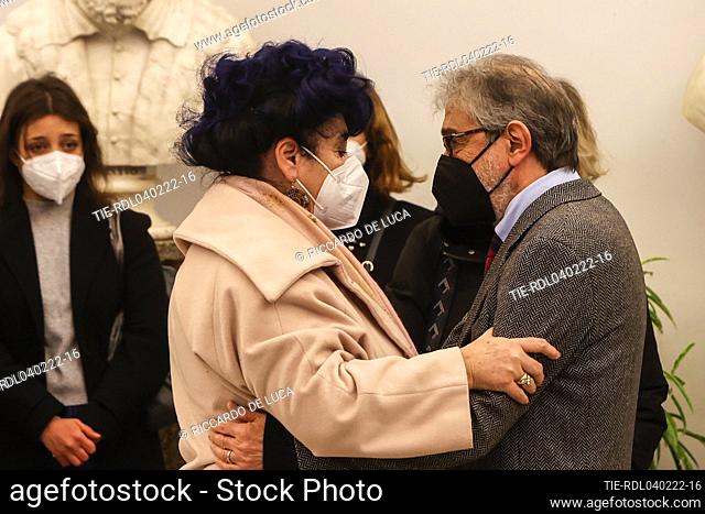 Marisa Laurito greets Roberto russo husband of Monica Vitti at the Burial chamber in Campidoglio , Rome, ITALY-04-02-2022