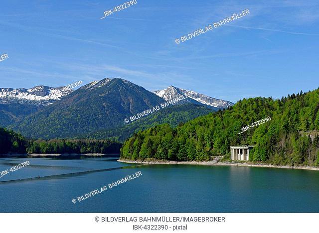 Sylvenstein Dam, dammed lake with Karwendel Mountains and water castle, Upper Bavaria, Bavaria, Germany