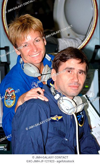 Astronaut Peggy A. Whitson, Expedition 16 commander, and cosmonaut Yuri I. Malenchenko, flight engineer representing Russia's Federal Space Agency