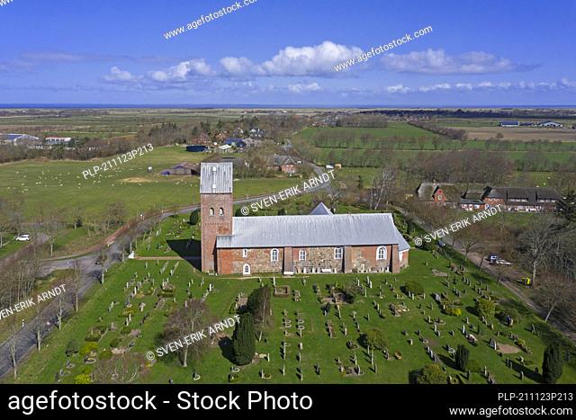 Aerial view over St. Laurentii church and churchyard / cemetery in Süderende, Föhr island, North Frisia / Nordfriesland, Schleswig-Holstein, Germany