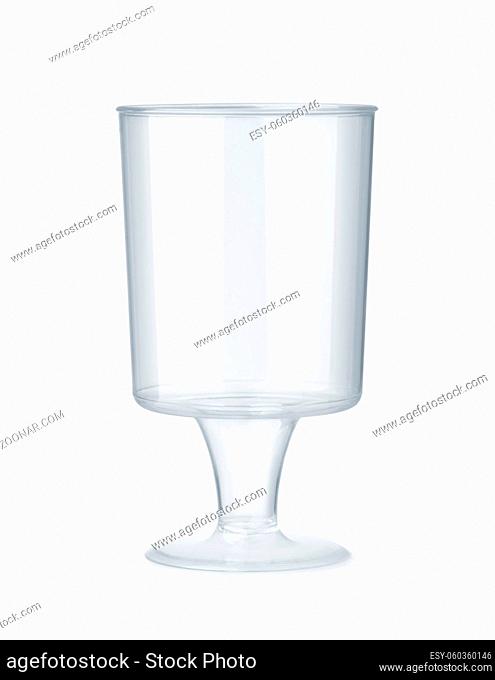 Front view of clear stemmed disposable sampling plastic shot glass isolated on white