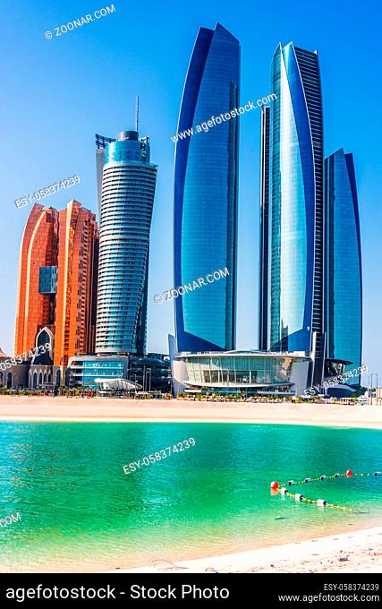 ABU DHABI, UNITED ARAB EMIRATES - FEB 10, 2019: Etihad Towers in Abu Dhabi, United Arab Emirates