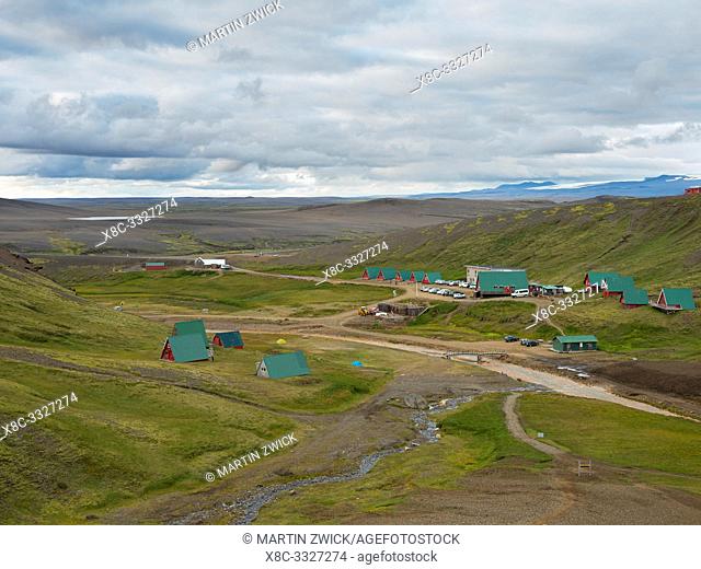 Campsite and hotel. The geothermal area Hveradalir in the mountains Kerlingarfjoell in the highlands of Iceland. Europe, Northern Europe, Iceland, August