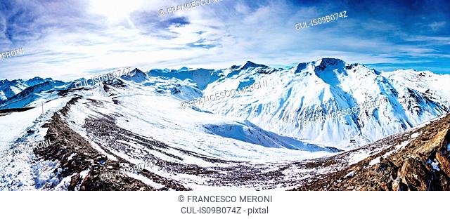 Panoramic view of snow covered mountains, Livigno, Italian Alps, Italy