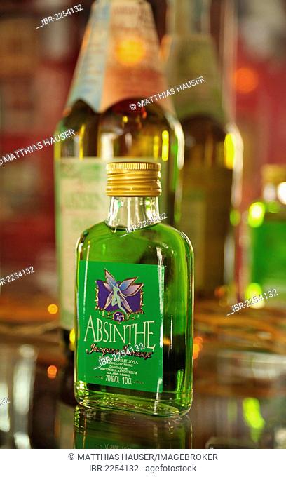 Bottle of absinthe, Bar Absenta bar, Carrer de Sant Carles, Barceloneta, Barcelona, Catalonia, Spain, Europe