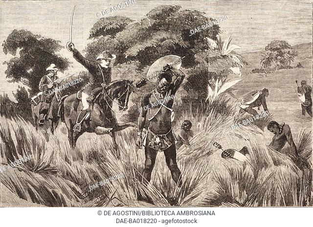 Death of a Zulu warrior, incidents at Ulundi, the end of the Anglo-Boer War, illustration from the magazine The Graphic, volume XX, no 513, September 27, 1879