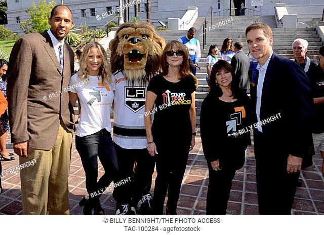 Brian Cook, Brittany Ann Daniel, Bailey, guest, Gil Garcetti gust and Luc Robitaille attends Press Conference For ""Stand Up To Cancer Day"" at Los Angeles City...