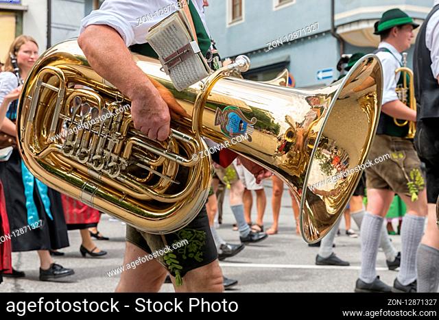 BERCHTESGADEN, GERMANY - JULY 09, 2017: Local festival with parade of fanfare and people dressed in traditonal costumes