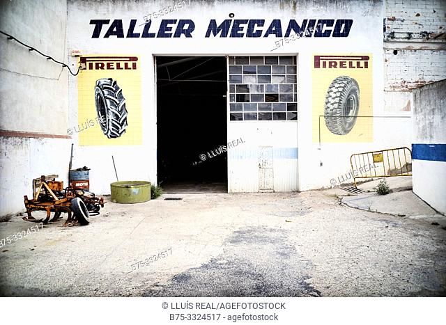 Facade of a Mechanical Workshop. Falset, Tarragona, Catalonia, Spain, Europe