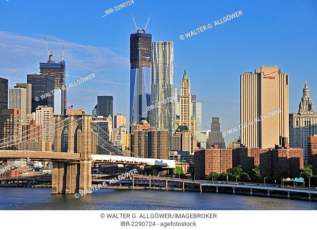Skyline of Lower Manhattan, at centre glass facade of the One World Trade Center, post-modern 8 Spruce Street tower and the neo-Gothic designed Woolworth...