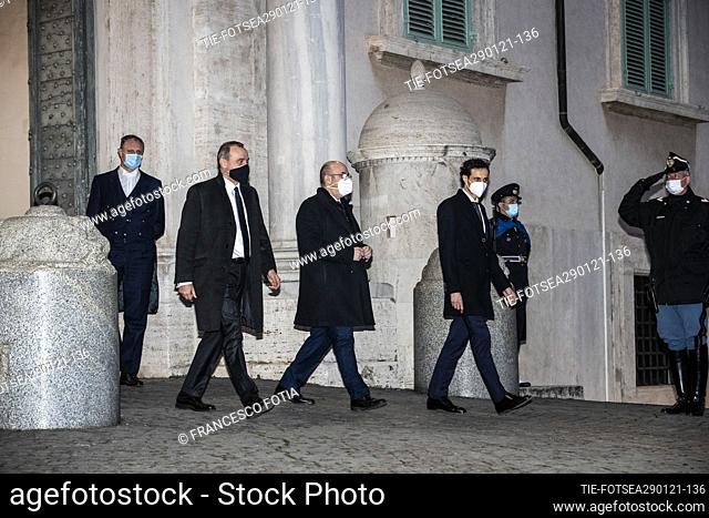 Leader of Movimento 5 Stelle ( 5 Stars Movement ) Vito Crimi, Davide Crippa and Ettore Licheri delegation of Movimento 5 Stelle leave the Quirinale palace after...