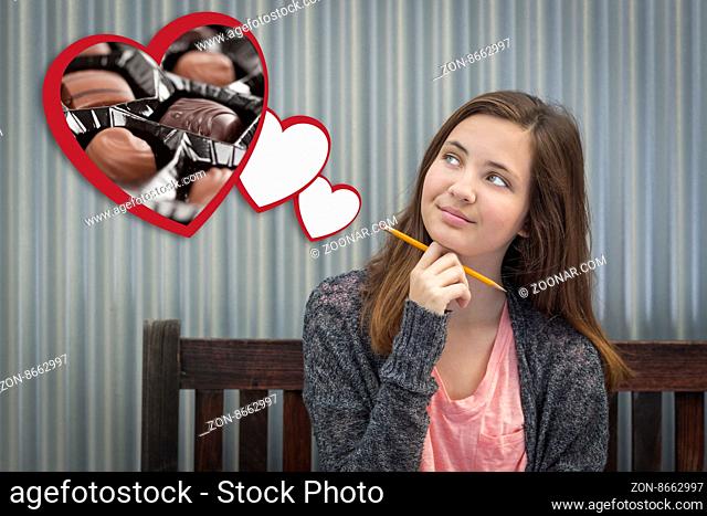 Cute Daydreaming Girl Next To Floating Hearts with Chocolates