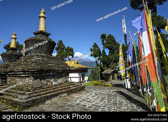 Pelling, India - October 2020: Prayer flags and stupas in the Buddhist Sanghak Choeling Monastery in Pelling on October 31, 2020 in Sikkim, India