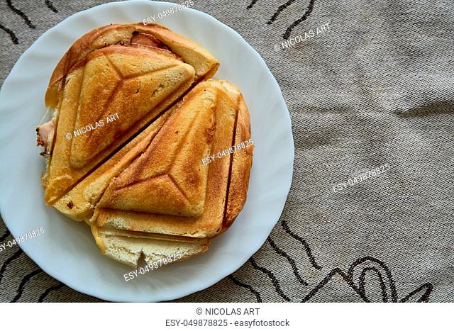Hot Crispy Sandwich. Fresh hot crispy delicious toaster on a white plate for breakfast. Food for breakfast. Vegetarian food