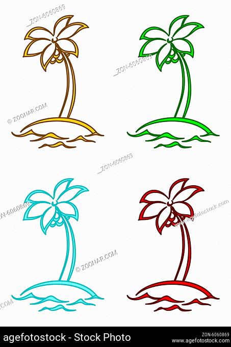Set tropical sea islands with palm tree with leaves and coconuts isolated on white background