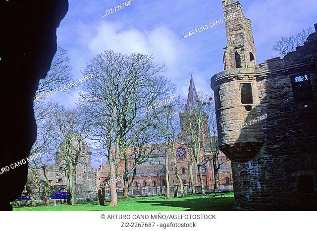 St. Magnus Romanesque Cathedral and Bishop's Palace, XIIth century. Kirkwall, Mainland of the Orkney islands. Scotland, United Kingdom