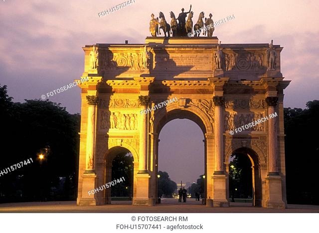 Paris, France, Europe, Jardins des Tuileries, Mini Arc de Triomphe at the Jardins des Tuileries at sunset in Paris