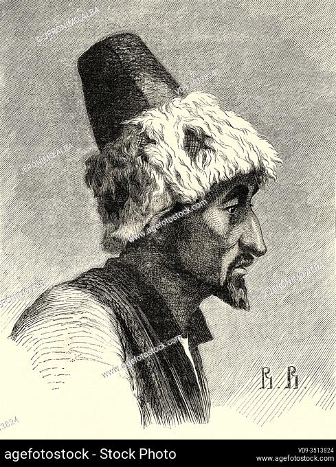Portrait of a Nogais man. Turkic ethnic group who live in the Russian North Caucasus region, Russia. Old engraving illustration