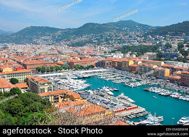 view of the city of Nice in the Maritime Alps, France. beautiful bright color in this city under Italian influence
