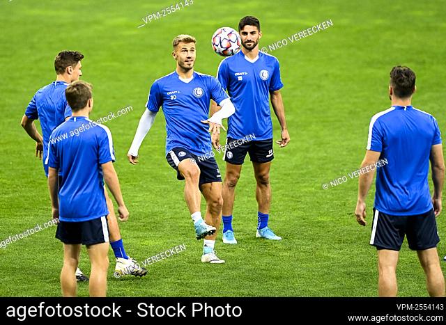 Gent's Niklas Bernd Dorsch and Gent's Milad Mohammadi pictured during a training of Belgian soccer club KAA Gent, Monday 28 September 2020, in Kyiv, Ukraine