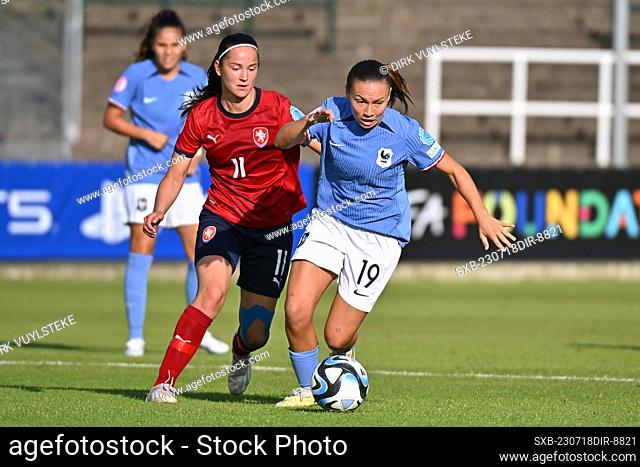 Klara Blahova (11) of Czechia and  Dona Scannapieco (19) of France of France pictured during a female soccer game between the national women under 19 teams of...