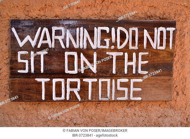 Sign, Warning! Do not sit on the tortoise, Changuu Island, Zanzibar Archipelago, Tanzania
