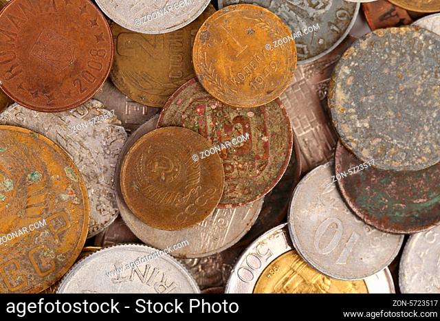 Background of different coins. Close up. Whole background