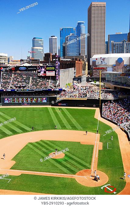Aerial View of Target Field, Home of Baseball's Minnesota Twins, and the Minneapolis Skyline