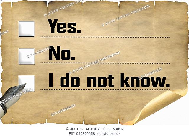Checkbox with inscription in English ""Yes, No, I do not know"" on old document paper