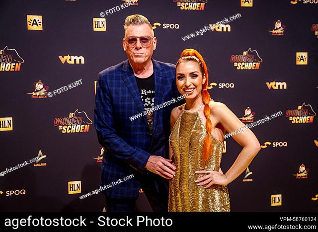 Patje Crimson and Loredana pictured on the red carpet at the arrival for the 'Golden Shoe' Belgian soccer award ceremony, Wednesday 25 January 2023 in Antwerp