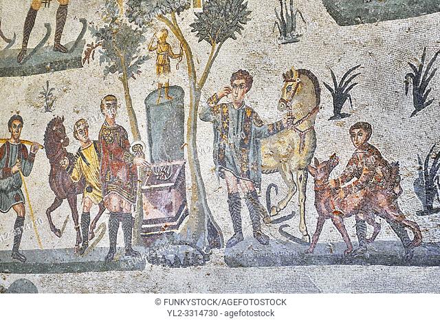 Close up detail picture of the Roman mosaics of the small hunt depicting offerings being made at an altar, room no 24 at the Villa Romana del Casale