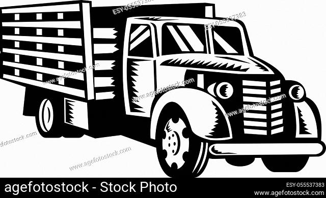 Retro woodcut black and white style illustration of a vintage classic American pickup truck with wood side rails viewed from front on low angle on isolated...