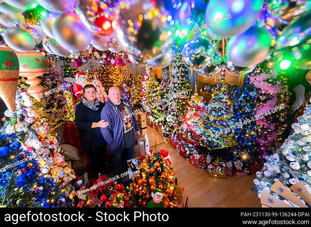 dpatop - 30 November 2023, Lower Saxony, Rinteln: Susanne and Thomas Jeromin are surrounded by Christmas trees in the living room of their home in the district...