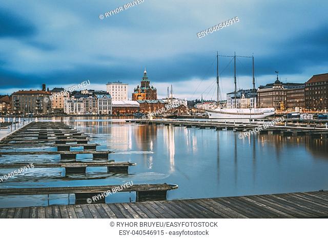 Helsinki, Finland. View Of Evening City And Uspenski Cathedral From Pier