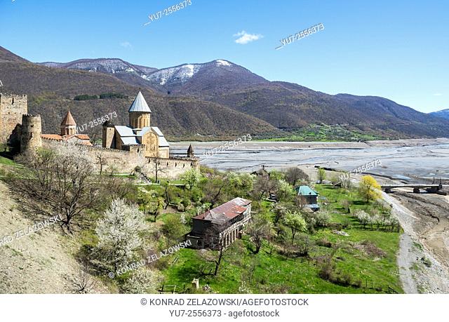 Fortifications of medieval Ananuri Castle complex on the Aragvi River in Georgia