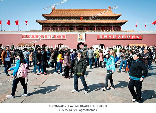 Chinese tourists in front of Gate of Heavenly Peace (Tiananmen) in Beijing, China