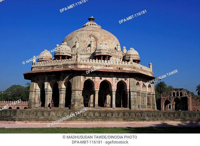 Isa Khan's tomb built in 1547 A.D. in Humayun's tomb complex made from red sandstone and white marble persian influence in mughal architecture , Delhi