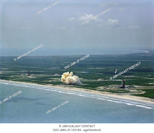 Aerial view of the GeminiTitan-II launch vehicle #1 liftoff at Cape Kennedy, Florida