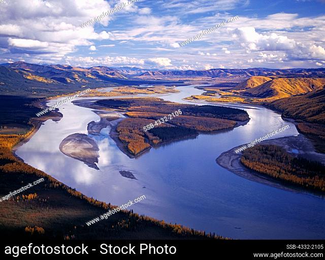 Aerial view of the Yukon River with autumn colors upstream from Kathul Mountain, Yukon-Charley Rivers National Preserve, Alaska