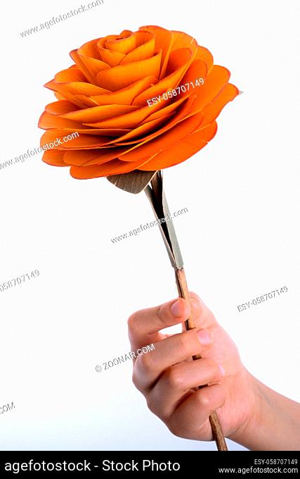 Hand holding a rose made of wood on a white background
