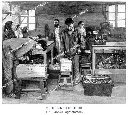 Packing cartridges into boxes at Isleten, near Fluelen, Switzerland, 1893. A print from the Illustrated London News, (7 January 1893)