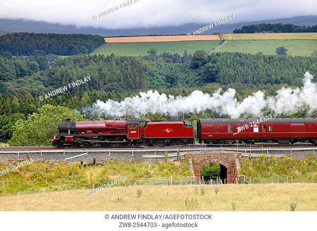 Steam locomotive LMS Jubilee Class 45699 Galatea on the Settle to Carlisle Railway Line near Lazonby, Eden Valley, Cumbria, England, UK