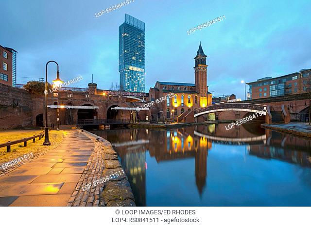 Castlefield and the Beetham Tower Hilton hotel at night
