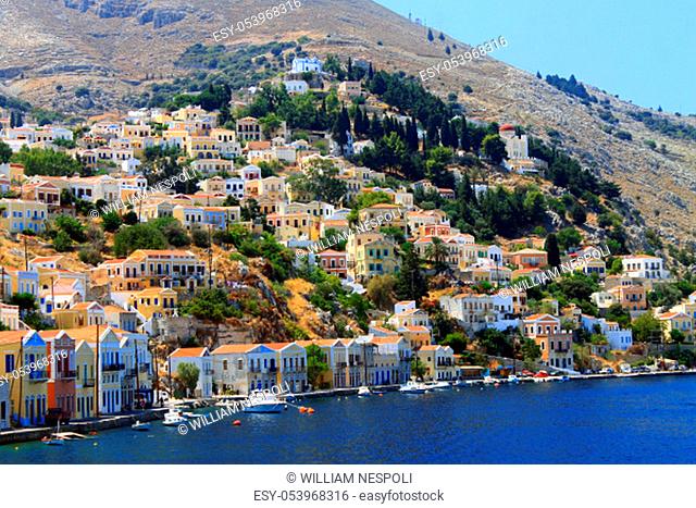 Colored Simi island coastline in Greece