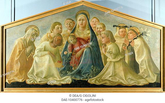Trivulzio Madonna or Madonna of Humility with Angels and Carmelite Saints, 1431, by Filippo Lippi (ca 1406-1469), tempera on panel, 85x168 cm
