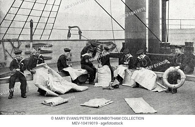 Boys taking part in a sailmaking class on the Training Ship Wellesley, on the River Tyne at North Shields, Northumberland