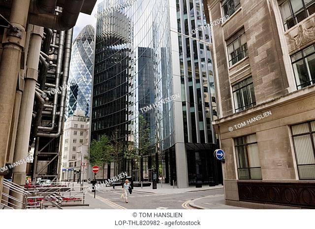 England, London, City of London, View past the Lloyds Building towards The Gherkin 30 St Mary Axe and the Swiss Re Building in the City of London