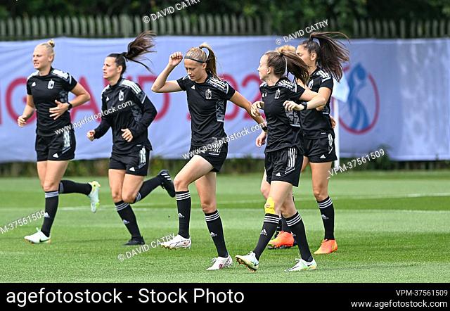 Belgium's Julie Biesmans and Belgium's Sari Kees pictured in action during a training session of the Belgium's national women's soccer team the Red Flames